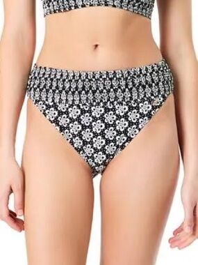 NWT CeCe Black & White Ruched Botanical Bikini Bottom